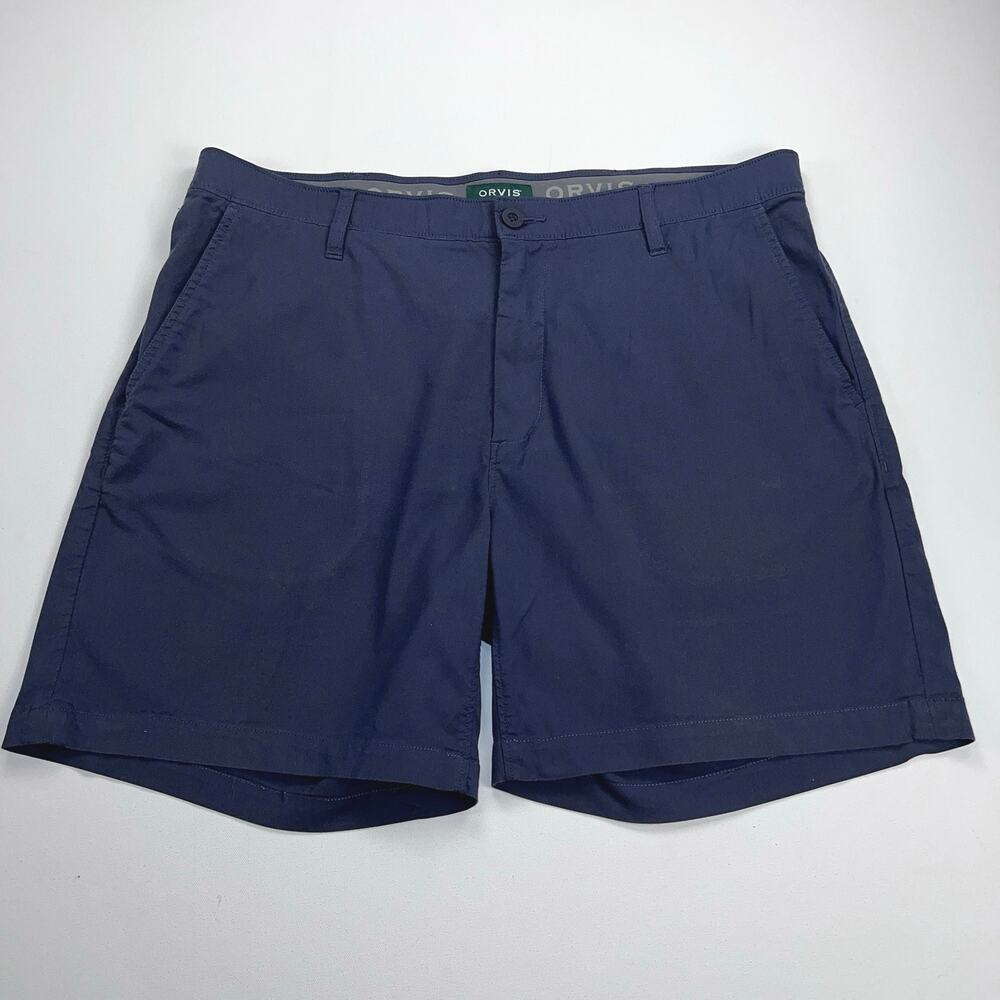 Orvis Men’s Flat Front Shorts Navy Blue Chino Cotton Blend 7” Inseam Size 38
